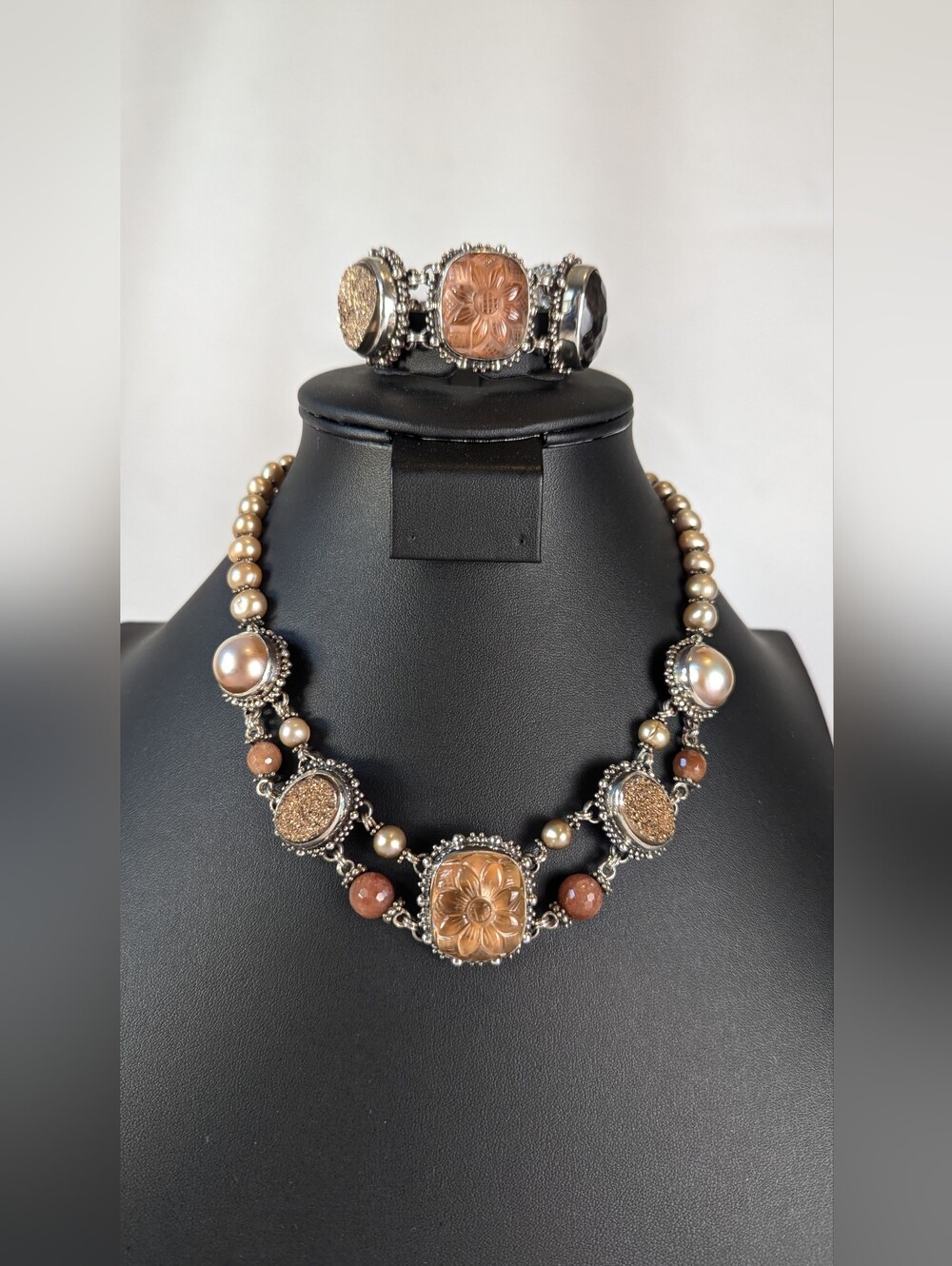 Stephen Dweck Necklace Bracelet Sterling Silver Carved Gemstone Estate Jewelry